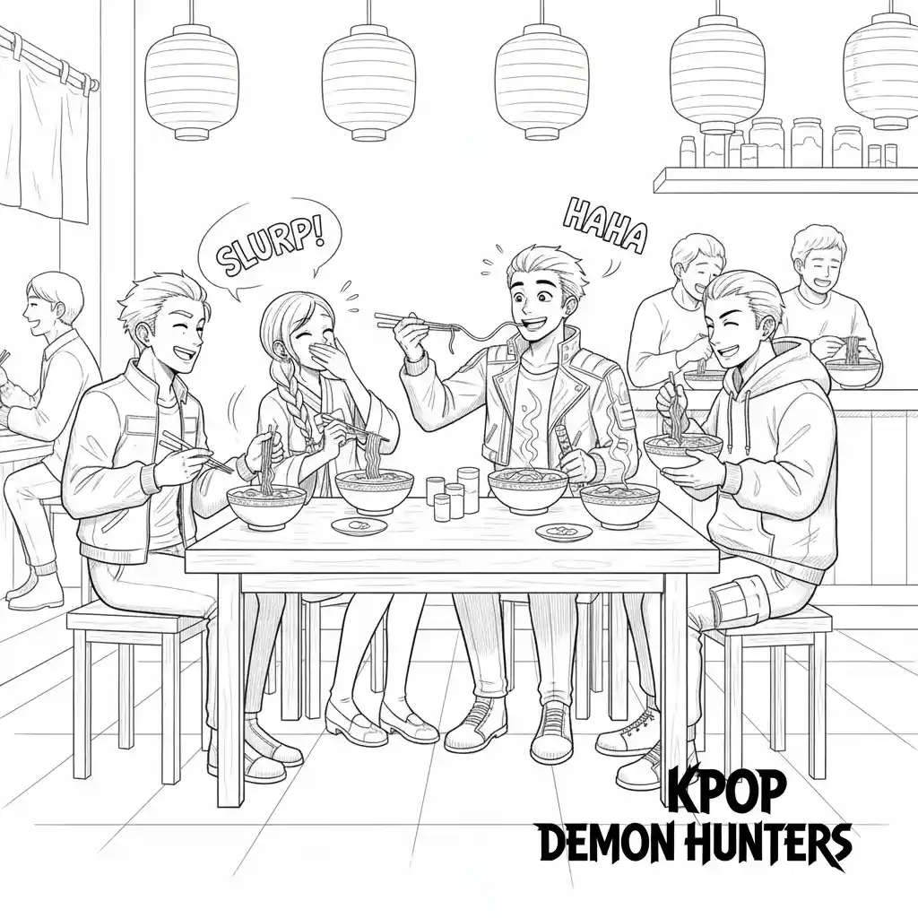 This is a black-and-white line art page showing four members of 'Kpop Demon Hunters' sitting in a ramen shop, laughing and enjoying a meal. One member is using chopsticks to theatrically catch a noodle. cartoon monoline style, clean simple lines, uniform thickness.