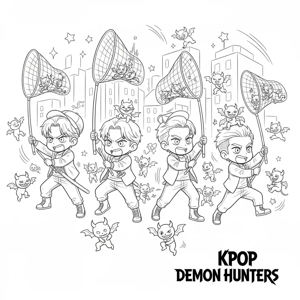 This is a black-and-white line art page featuring a chaotic and fun scene where chibi-style 'Kpop Demon Hunters' are comically trying to catch dozens of tiny, mischievous demons with butterfly nets. doodle art style, playful, simplified lines.