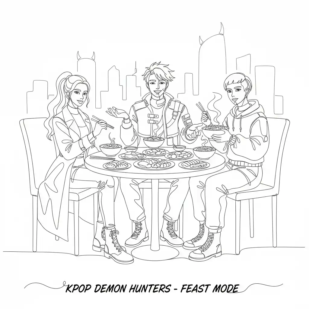 This is a black-and-white line art page featuring three characters from “Kpop Demon Hunters”, each dressed in distinctive outfits, with one holding a sword and another wearing a shirt labeled “ARCA”, doodle art style, playful, simplified lines.