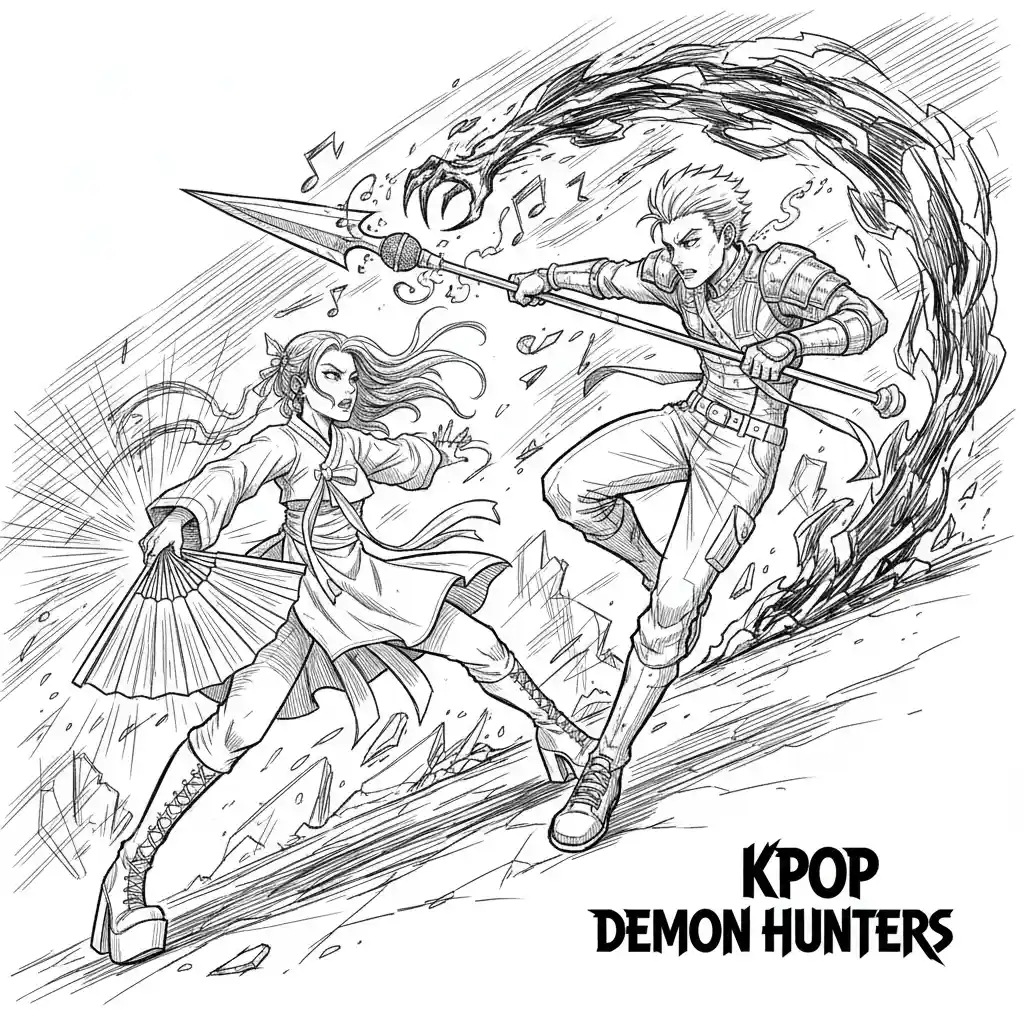 This is a black-and-white line art page featuring one characters from “Kpop Demon Hunters”, with the central character pointing forward and others in dynamic poses, manga style illustration, screentones, crisp black and white.