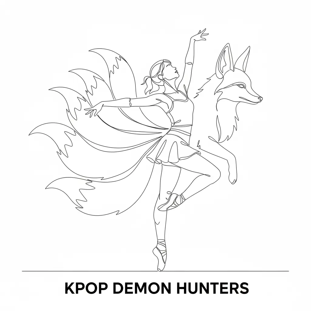 This is a black-and-white line art page of a 'Kpop Demon Hunter' in a fluid, balletic dance pose. Their form is illustrated as a single, unbroken line that elegantly transforms into the shape of a nine-tailed spirit fox. continuous one-line style illustration, single continuous line, flowing, minimalist.