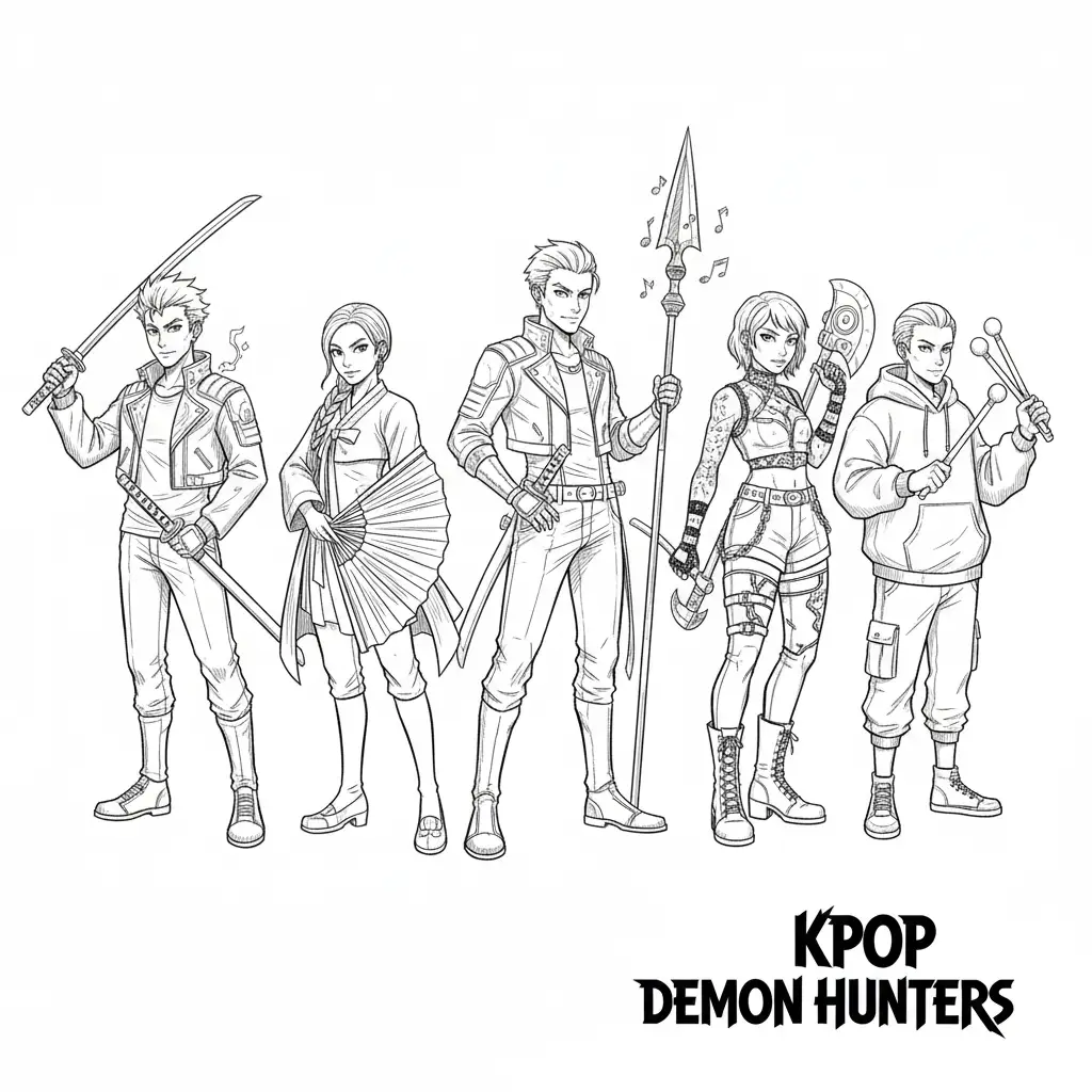 This is a black-and-white line art page featuring all five members of 'Kpop Demon Hunters' standing side-by-side in a stylish lineup. Each member has a unique demon-hunting weapon and a distinct stage outfit. cartoon monoline style, clean simple lines, uniform thickness.