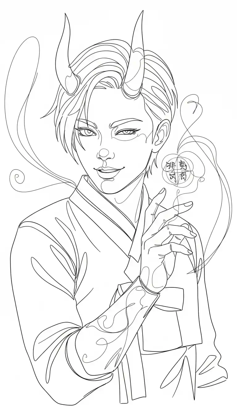 This is a black-and-white line art page featuring one characters from “Kpop Demon Hunters”, with the central character pointing forward, manga style illustration, screentones, crisp black and white.