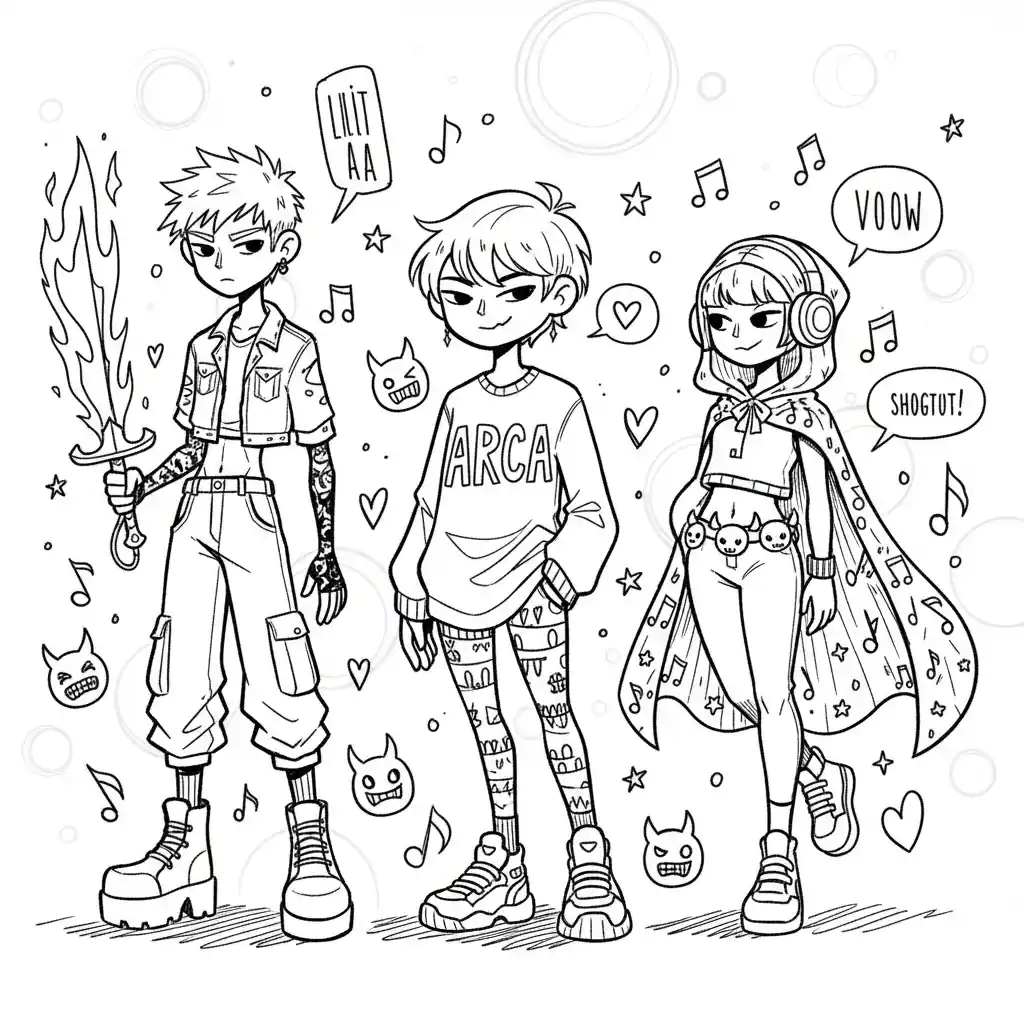 This is a black-and-white line art page featuring three characters from “Kpop Demon Hunters”, with the central character pointing forward and others in dynamic poses, pen sketch, high contrast, cross-hatching.