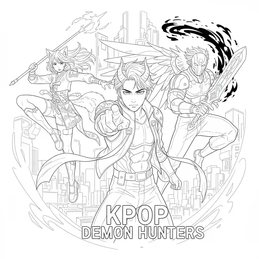 This is a line art page featuring three characters from “Kpop Demon Hunters”, with the central character pointing forward and others in dynamic poses, cartoon monoline style, clean simple lines, uniform thickness