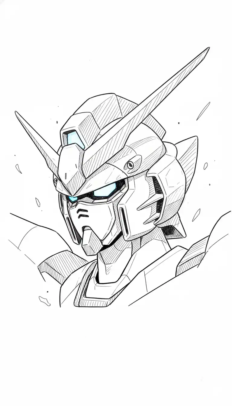 Wing Zero EW Head Line Art - pen sketch with high contrast cross-hatching, three-quarter view at dynamic angle featuring simplified details, clean lines and glowing camera eyes