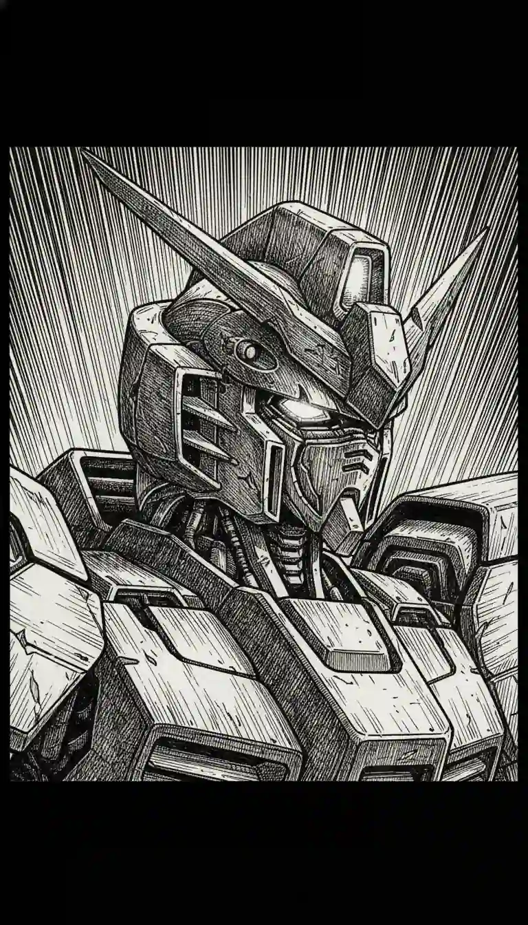 Wing Zero EW Head Line Art - woodcut print style with engraved lines, heroic three-quarter pose featuring high-density hatching and stippling with strong directional lighting