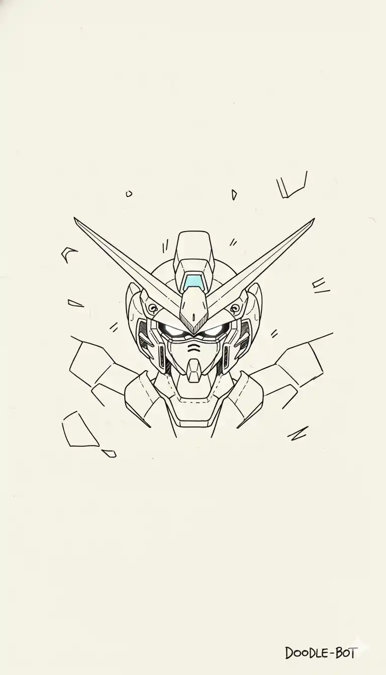 Wing Zero EW Head Line Art - pen sketch illustration with cross-hatching technique, three-quarter dynamic angle view with clean lines and glowing camera eyes