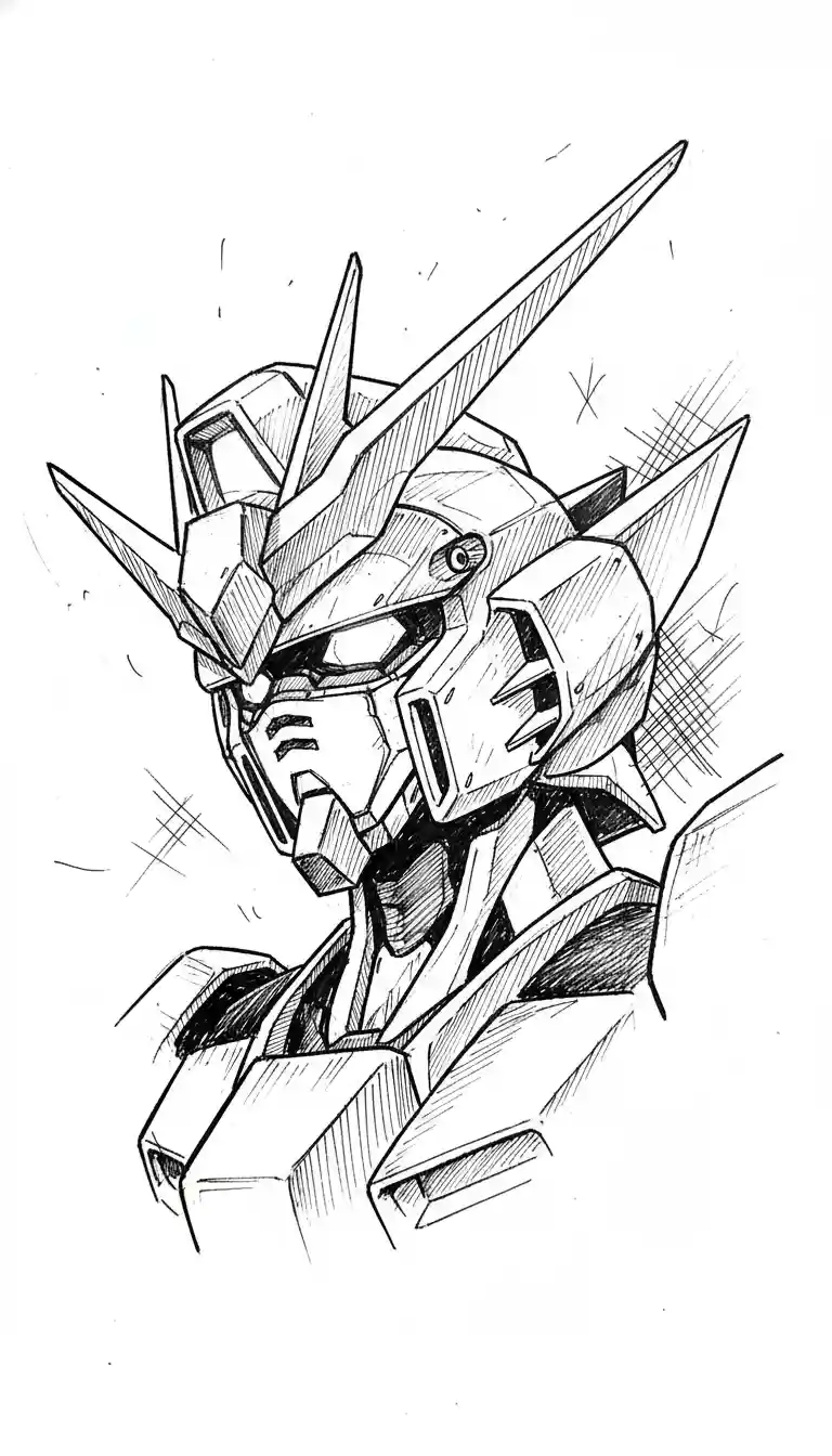 Wing Zero EW Head Line Art - high contrast pen sketch with cross-hatching, dynamic three-quarter view featuring simplified mechanical details and glowing camera eyes
