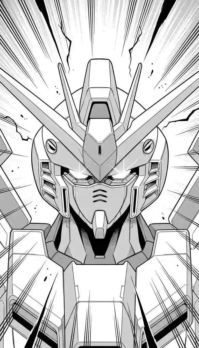 Wing Zero EW Head Line Art - manga style illustration with screentones, front view symmetrical composition featuring clean lines and glowing camera eyes in crisp black and white