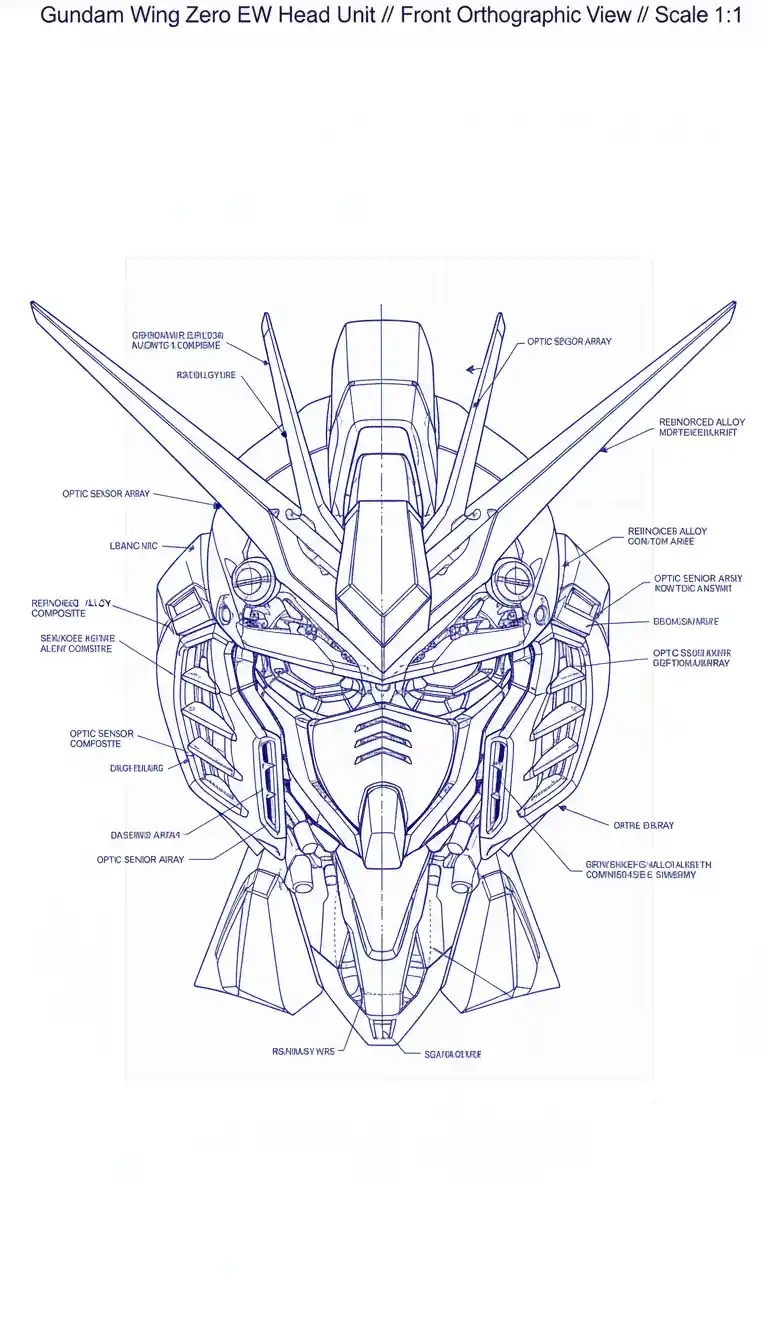 Wing Zero EW Head Line Art - technical blueprint schematic with fine lines, orthographic front view featuring precise measurements, annotations and ultra-detailed internal mechanics