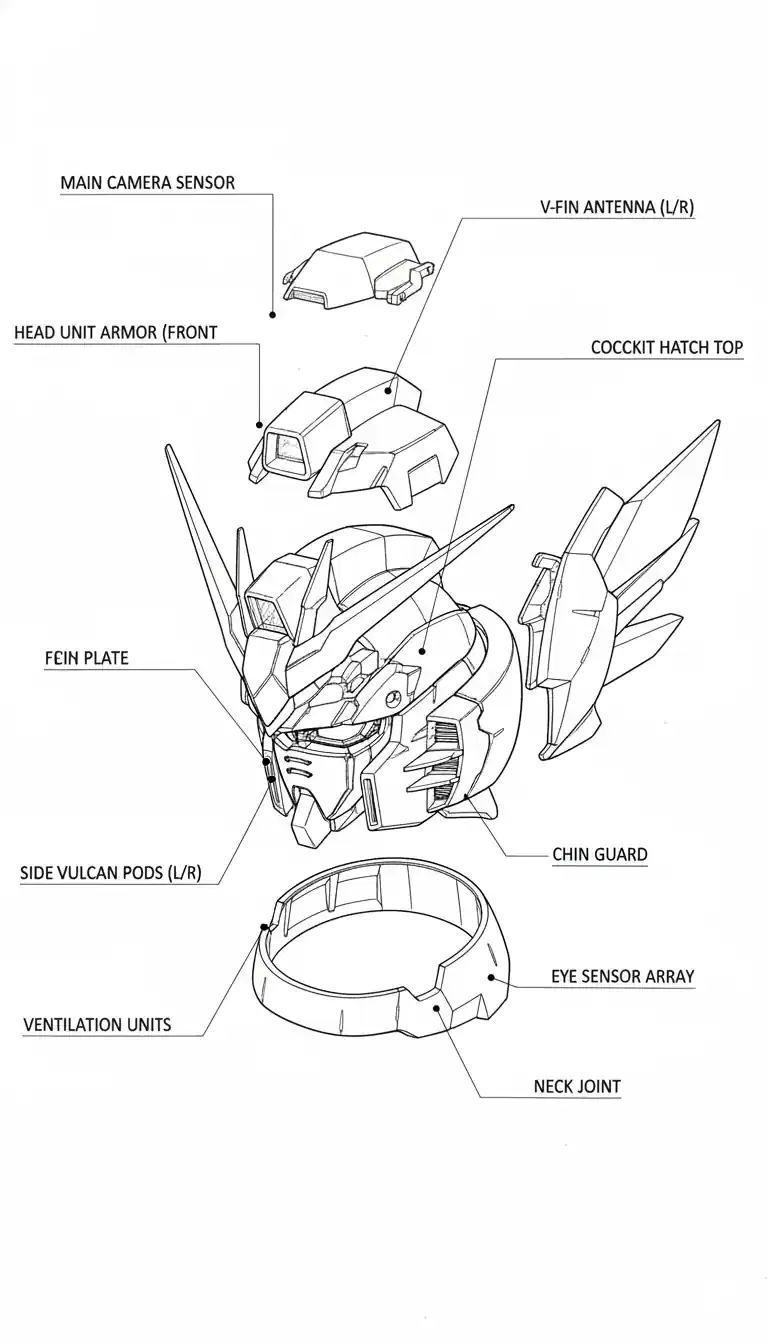 Wing Zero EW Head Line Art - exploded view technical diagram with precise lines, components floating apart with dotted connections, labeled armor pieces and sensors on clean white background